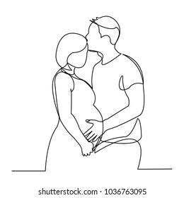 continuous single drawn one line of enamored conjugal pregnant couple drawn by hand picture silhouette. Line art. character of a pregnant woman with her husband