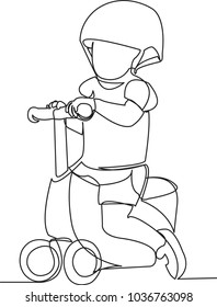 continuous single drawn one line child on a bicycle, a bicycle without pedals. hand-drawn picture silhouette. Line art. the child is riding a bicycle without pedals