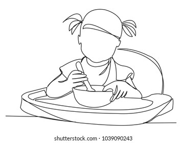 continuous single drawn one line baby eating porridge drawn by hand picture silhouette. Line art. the child eats his own