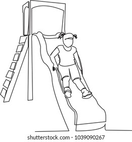 continuous single drawn one line girl riding a playground with a slide painted by hand picture silhouette. Line art. playground