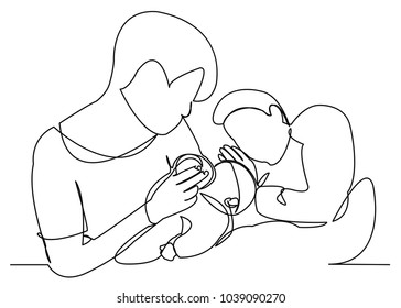 continuous single drawn one line mom feeds the toddler from the bottle drawn from the hand picture silhouette. Line art. baby is eating from a bottle