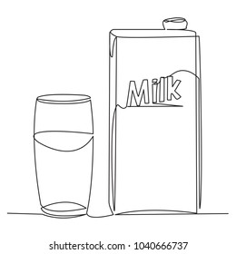 continuous single drawn one line a glass of milk and a milk package drawn from the hand a picture of the silhouette. line art.
