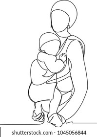 continuous single drawn one line with a child on hands painted by hand picture silhouette. Line art. character mommy with the baby in his arms for a walk baby in kangaroo