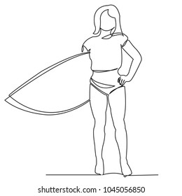 continuous single drawn one line girl with surfboard drawn by hand picture silhouette. Line art. character girl on the beach is surfing
