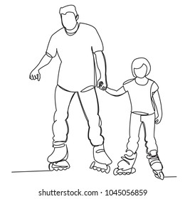 continuous single drawn one line of the daddy with a daughter roll on rollers painted by hand picture silhouette. Line art. character child with dad rides rollerblades