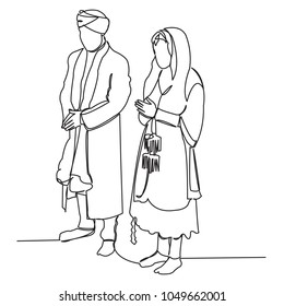 continuous single drawn one line young couple marries hand-drawn picture silhouette.Line art. character of the bride and groom

