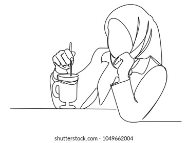 continuous single drawn one line Muslim woman drinks coffee drawn by hand picture silhouette.Line art.