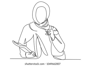 continuous single drawn one line Muslim girl student drawn by hand picture silhouette.Line art. Muslim character is educated