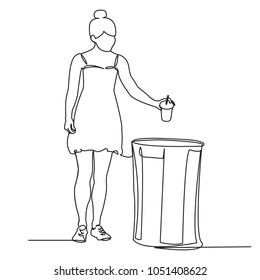 continuous single drawn one line traditional girl throws garbage hand-drawn picture silhouette. Line art. girl throws a glass in a trash can