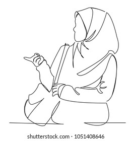 continuous single drawn one line Muslim woman talking hand-drawn picture silhouette. Line art.