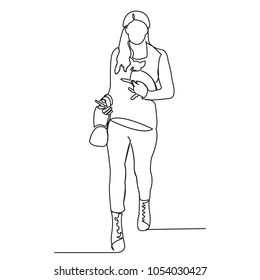 continuous single drawn one line girl with a small dog on hands painted by hand picture silhouette. Line art. a character a girl with a dog on a walk