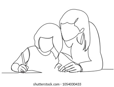 continuous single drawn one line mom makes with daughter lessons drawn from the hand picture silhouette. Line art. character daughter and mom are engaged