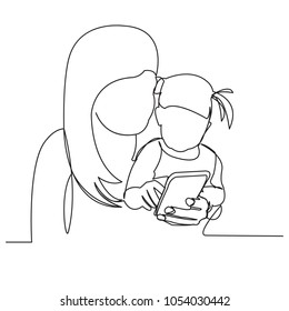continuous single drawn one line woman with daughter look into the phone drawn by hand picture silhouette. Line art. character mommy with daughter do selfie