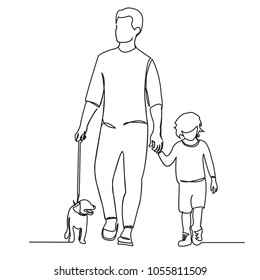 continuous single drawn one line of dad with child and dog hand-drawn picture silhouette. Line art. a man on a walk with his son and a dog