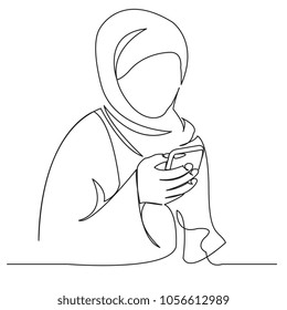 continuous single drawn one line Muslim girl student talks by phone drawn by hand picture silhouette. Line art