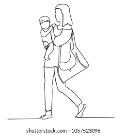 continuous single drawn one line mom with a toddler on hand painted by a picture silhouette. Line art
