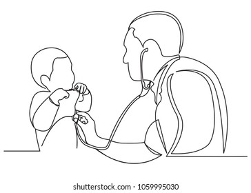 Continuous Single Drawn One Line Doctor Listens To A Boy With A Stethoscope Hand-drawn Picture Silhouette. Line Art.