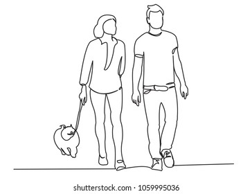 Continuous Single Drawn One Line Couple In Love Walking With A Dog Hand-drawn Picture Silhouette. Line Art.