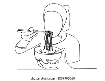 Continuous Single Drawn One Line Girl Eating Asian Fast Food Drawn By Hand Picture Silhouette. Line Art. Chinese Noodles