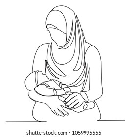 continuous single drawn one line Muslim woman with children on hands painted by hand silhouette picture. Line art