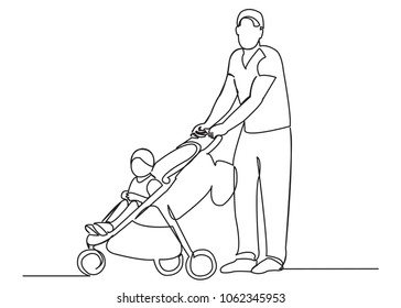continuous single drawn one line dad walks with the son in a stroller drawn from the hand a picture of the silhouette. Line art. father with son