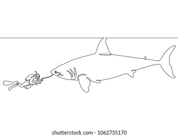 Continuous single drawn one line of a scuba diver with a camera and a shark under the water