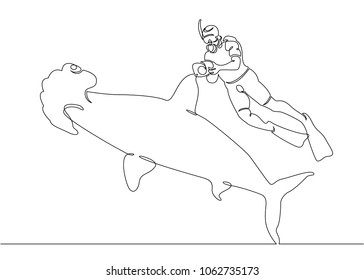 Continuous single drawn one line of a scuba diver with a camera and a shark under the water