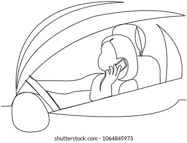 continuous single drawn one line woman at the wheel of a car talking on the phone hand-drawn picture silhouette. Line art.