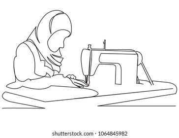 continuous single drawn one line woman sews behind the sewing machine hand-drawn picture silhouette. Line art. Muslim woman