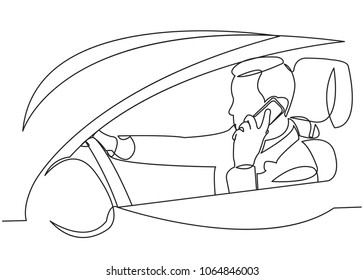 continuous single drawn one line businessman talking on the phone while driving a car hand-drawn picture silhouette. Line art.