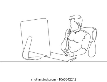 Continuous single drawn one line designer working, looking at monitor