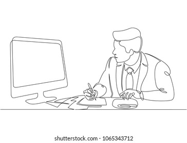 Continuous single drawn one line bookkeeper accountant works with documents