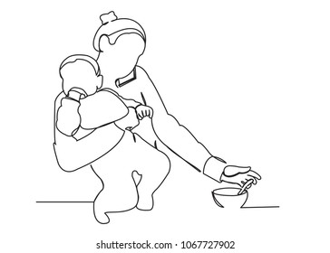 continuous single drawn one line business woman feeding child drawn by hand picture silhouette. Line art. business woman mom