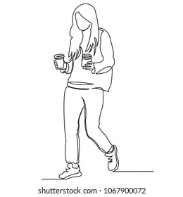 continuous single drawn one line girl with coffee drawn by hand picture silhouette. Line art. the girl bought coffee