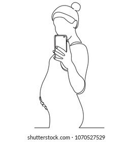 continuous single drawn one line of a pregnant woman doing selfie drawn from a hand picture silhouette. Line art. character woman in the position of photographing herself