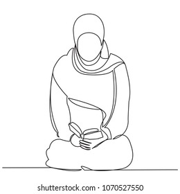 continuous single drawn one line Muslim woman reads a Koran drawn from a hand picture silhouette. Line art. character Muslim woman praying