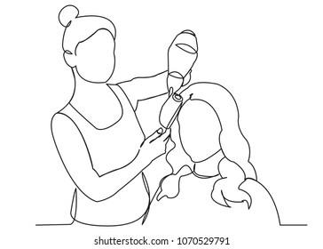 continuous single drawn one line hairdresser combs girl hand-drawn picture silhouette. Line art. girl doing hair styling