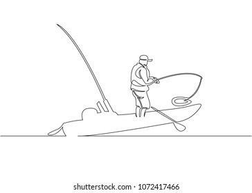 Continuous single drawn one line fisherman in a boat and pier on a fishing trip