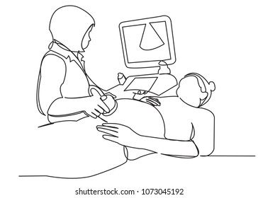 continuous single drawn one line doctor doing ultrasound examination of a pregnant woman hand-drawn picture silhouette. Line art.