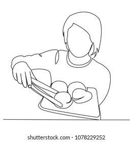 continuous single drawn one line of the pastry girl drawn from the hand a picture of the silhouette. Line art. girl cook