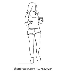 continuous single drawn one line girl with coffee drawn by hand picture silhouette. Line art. the girl bought coffee