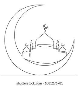 continuous single drawn one line by Ramadan Mosque in the month hand-drawn picture silhouette. Line art.