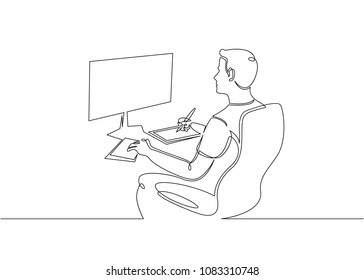 Continuous single drawn one line designer looks working monitor