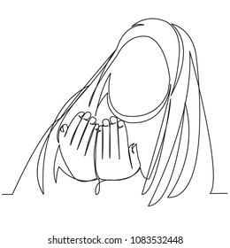 continuous single drawn one line Muslim woman prays drawn by hand silhouette picture. Line art. prayer