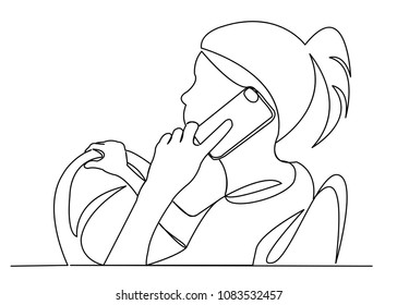 continuous single drawn one line woman at the wheel of a car talking on the phone hand-drawn picture silhouette. Line art.