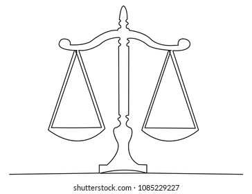 continuous single drawn one line of scales of justice drawn from the hand a picture of the silhouette. Line art.