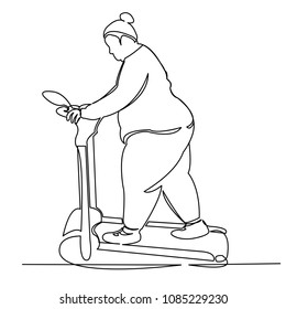 continuous single drawn one line thick woman on a treadmill drawn by hand picture silhouette. Line art. character full woman doing sports