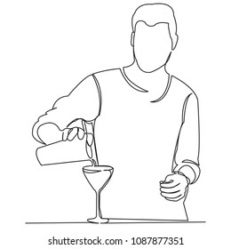 continuous single drawn one line bartender makes a cocktail hand-drawn picture silhouette. Line art.