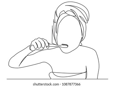 continuous single drawn one line girl woman brushes teeth drawn by hand picture silhouette. Line art.