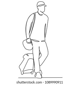 continuous single drawn one line man with a suitcase drawn by hand picture silhouette. Line art. the man is on the road